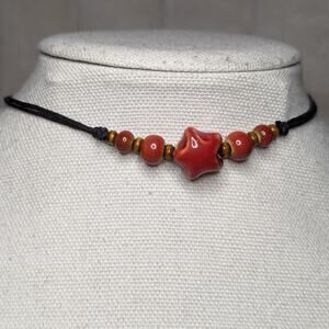 Red Star Y2K Style Ceramic Bead Boho Hippie Whimsigoth Choker Stacking Necklace